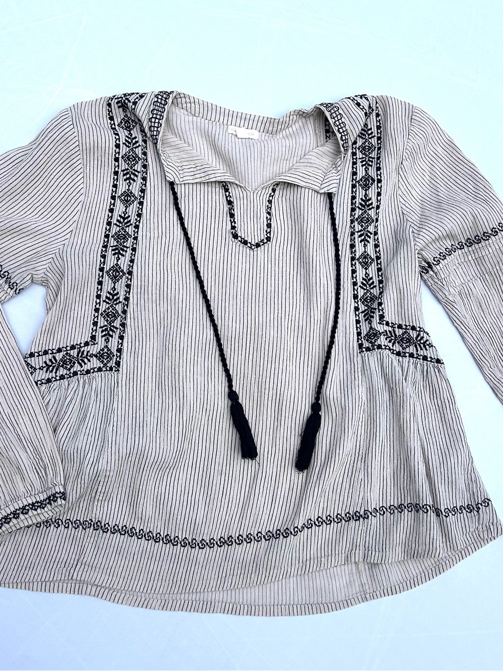 Garnet Hill Beige Tunic Top with Black Embroidery